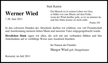 Traueranzeige von Werner Wied von Tageszeitung
