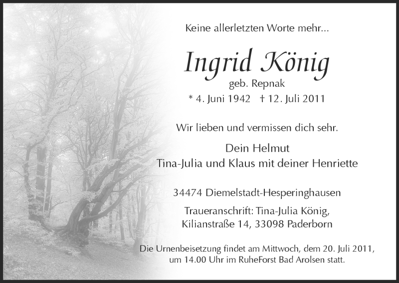  Traueranzeige für Ingrid König vom 15.07.2011 aus Tageszeitung