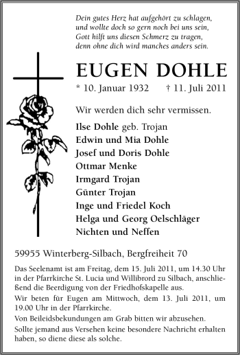 Traueranzeige von Eugen Dohle von Tageszeitung