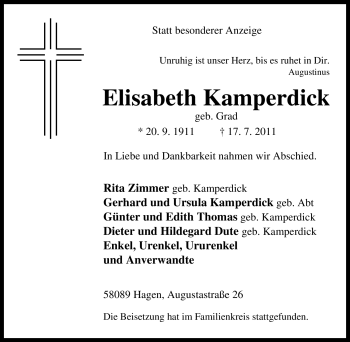 Traueranzeige von Elisabeth Kamperdick von Tageszeitung