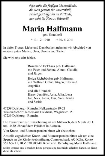 Traueranzeige von Maria Halfmann von Tageszeitung