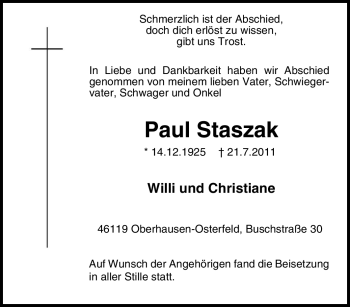 Traueranzeige von Paul Staszak von Tageszeitung