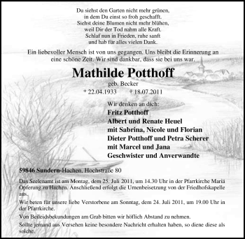 Traueranzeige von Mathilde Potthoff von Tageszeitung