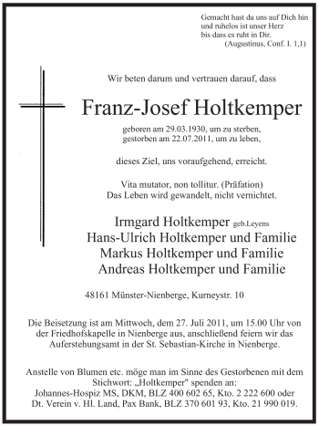 Traueranzeige von Franz-Josef Holtkemper von Tageszeitung