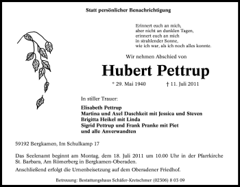 Traueranzeige von Hubert Pettrup von Tageszeitung
