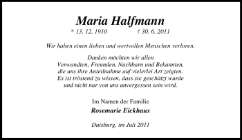 Traueranzeige von Maria Halfmann von Tageszeitung