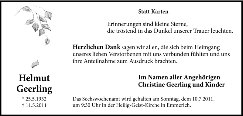 Traueranzeigen Von Helmut Geerling | Trauer-in-NRW.de