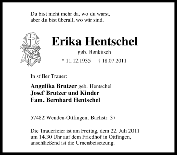 Traueranzeige von Erika Hentschel von Tageszeitung