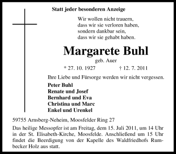 Traueranzeige von Margarete Buhl von Tageszeitung
