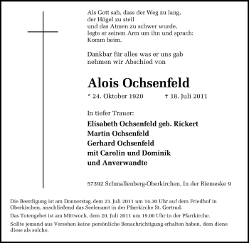 Traueranzeige von Alois Ochsenfeld von Tageszeitung