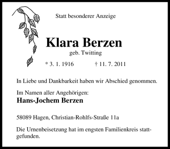 Traueranzeige von Klara Berzen von Tageszeitung