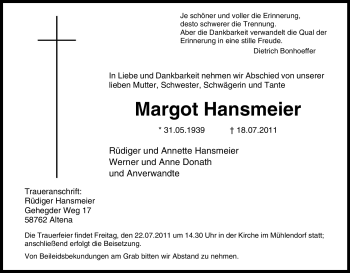 Traueranzeige von Margot Hansmeier von Tageszeitung
