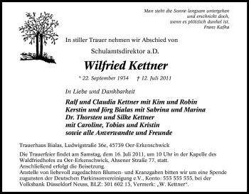 Traueranzeige von Wilfried Kettner von Tageszeitung