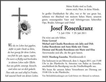 Traueranzeige von Josef Rosenkranz von Tageszeitung