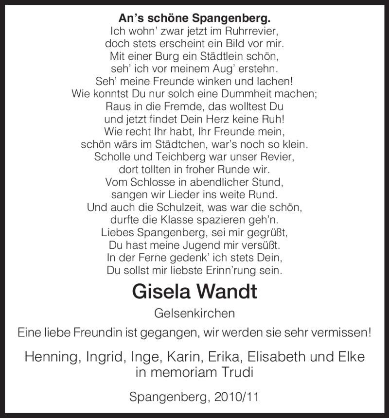  Traueranzeige für Gisela Wandt vom 06.07.2011 aus Tageszeitung
