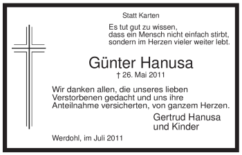 Traueranzeige von Günter Hanusa von Tageszeitung