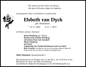 Traueranzeige von Elsbeth van Dyck von Tageszeitung