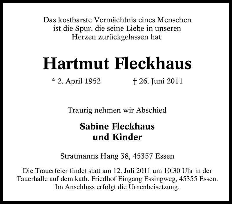 Traueranzeige für Hartmut Fleckhaus vom 09.07.2011 aus Tageszeitung