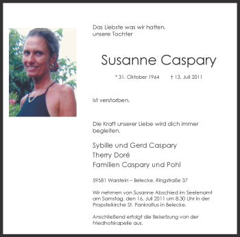 Traueranzeige von Susanne Caspary von Tageszeitung