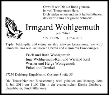 Traueranzeige von Irmgard Wohlgemuth von Tageszeitung