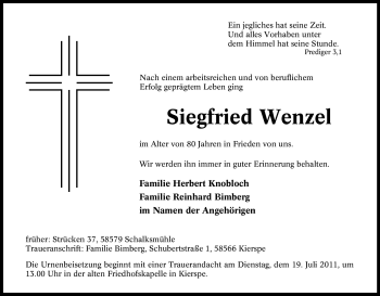 Traueranzeige von Siegfried Wenzel von Tageszeitung