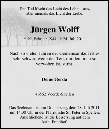 Traueranzeige von Jürgen Wolff von Tageszeitung