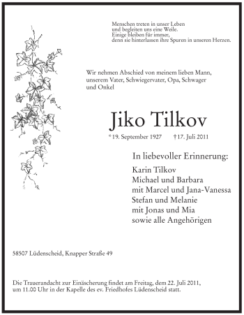 Traueranzeige von Jiko Tilkov von Tageszeitung