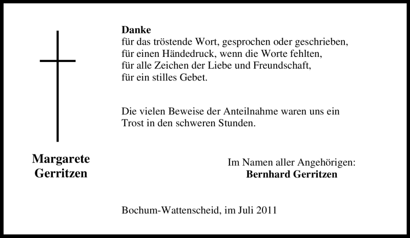  Traueranzeige für Margarete Gerritzen vom 28.07.2011 aus Tageszeitung