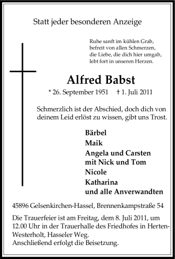 Traueranzeige von Alfred Babst von Tageszeitung