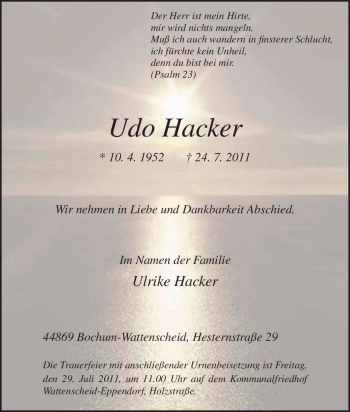 Traueranzeige von Udo Hacker von Tageszeitung