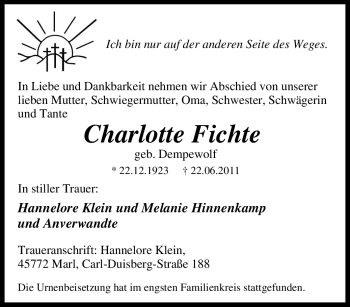 Traueranzeige von Charlotte Fichte von Tageszeitung
