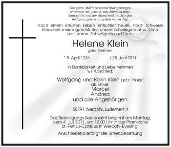 Traueranzeige von Helene Klein von Tageszeitung