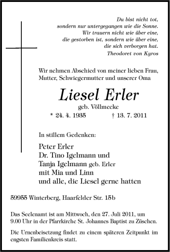 Traueranzeige von Liesel Erler von Tageszeitung