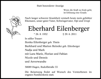 Traueranzeige von Eberhard Eilenberger von Tageszeitung