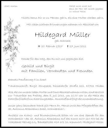 Traueranzeige von Hildegard Müller von Tageszeitung