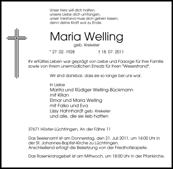 Traueranzeige von Maria Welling von Tageszeitung