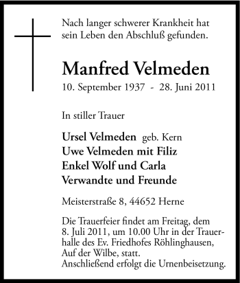 Traueranzeige von Manfred Velmeden von Tageszeitung