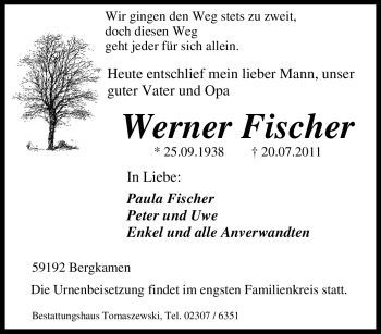 Traueranzeige von Werner Fischer von Tageszeitung
