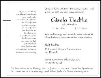 Traueranzeige von Gisela Tiedtke von Tageszeitung