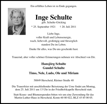 Traueranzeige von Inge Schulte von Tageszeitung