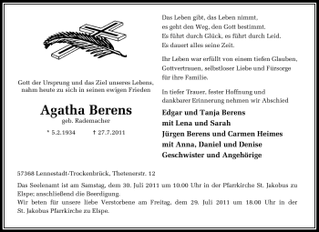 Traueranzeige von Agatha Berens von Tageszeitung
