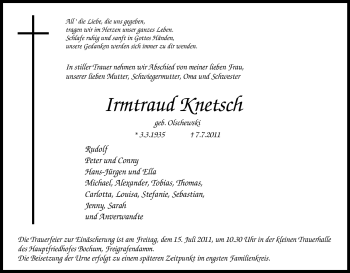 Traueranzeige von Irmtraud Knetsch von Tageszeitung
