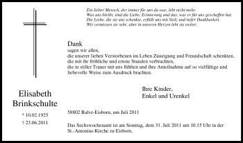 Traueranzeige von Elisabeth Brinkschulte von Tageszeitung