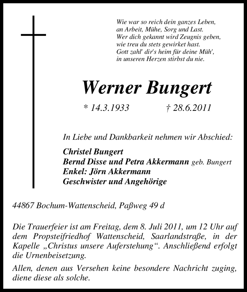 Traueranzeigen Von Werner Bungert | Trauer-in-NRW.de