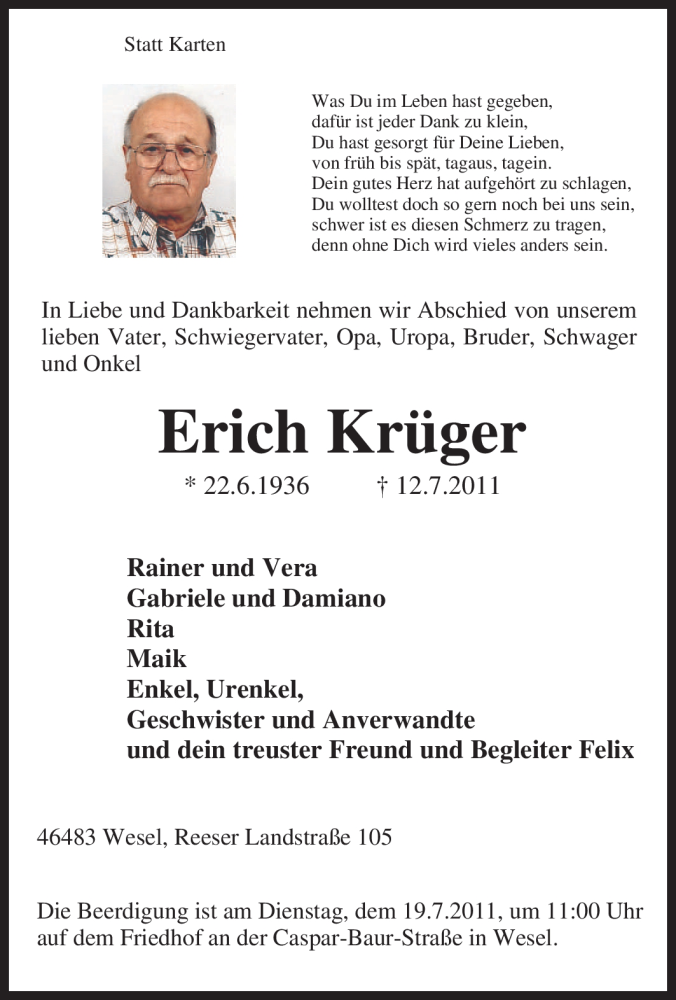  Traueranzeige für Erich Krüger vom 15.07.2011 aus Tageszeitung