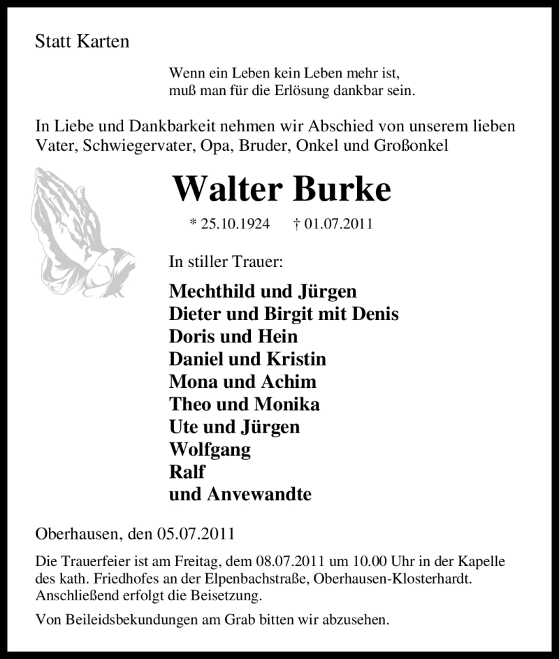  Traueranzeige für Walter Burke vom 05.07.2011 aus Tageszeitung