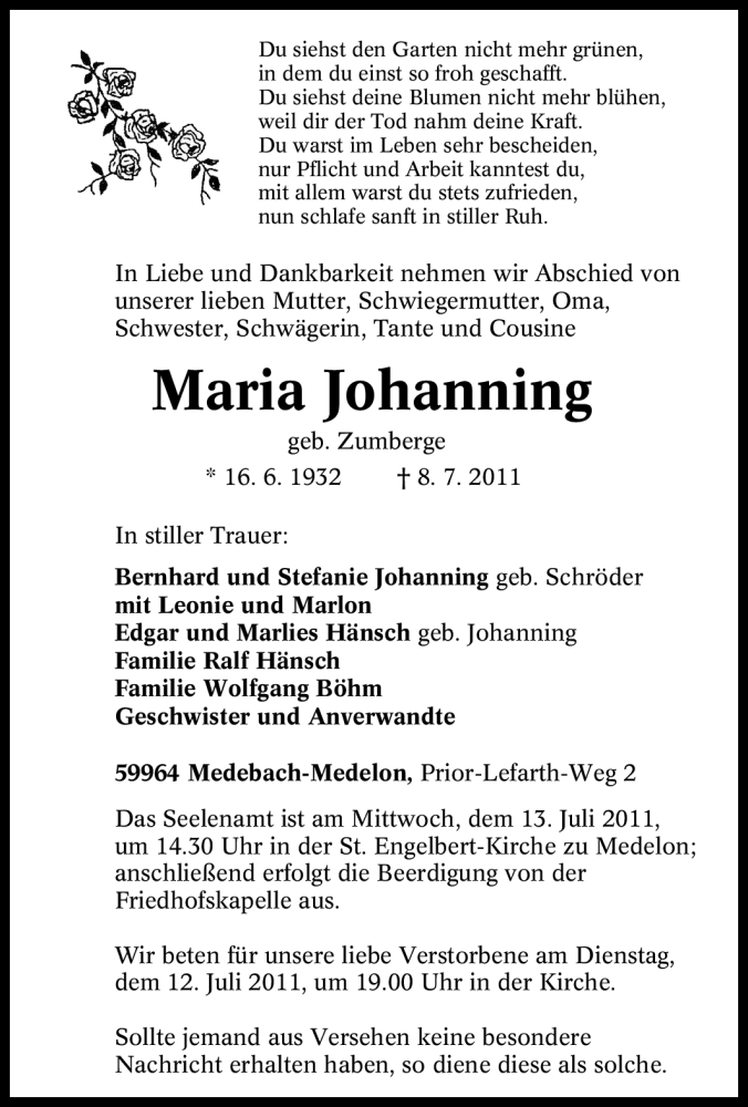  Traueranzeige für Maria Johanning vom 11.07.2011 aus Tageszeitung