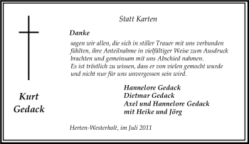 Traueranzeige von Kurt Gedack von Tageszeitung