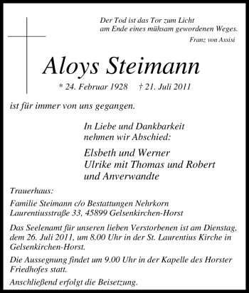 Traueranzeige von Aloys Steimann von Tageszeitung