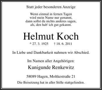 Traueranzeige von Helmut Koch von Tageszeitung